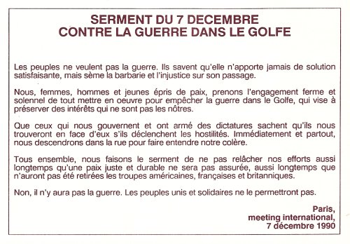 Serment du 7 décembre 1990 contre la Guerre du Golfe, Paris, décembre 1990.