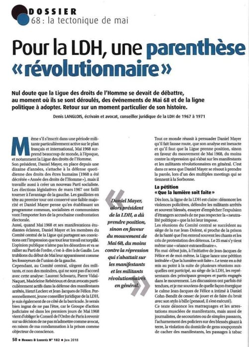 Article de Denis Langlois dans Hommes et Libertés 2018 Numéro spécial Mai 68